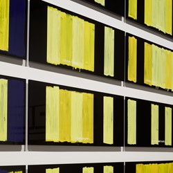 Jurek Wybraniec, Yellow 2 (Act 2), 88–99, 2016, paint filled laser-etched acrylic (x 14), acrylic paint, 78 x 56.6cm overall