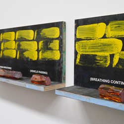 Jurek Wybraniec, Yellow 7, 2017, laser etched form ply, paint filled text, synthetic polymer and urethane paint, cubic zirconia, 57 x 262cm (detail)