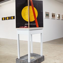 Jurek Wybraniec, Yellow 8, 2017, laser etched form ply, paint filled text, synthetic polymer, cubic zirconia, powder coated aluminium and polymer paint, 180 x 61 x 44cm