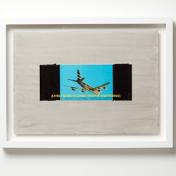 Jurek Wybraniec, Establishing Shot #13, 2017, laser etched, paint filled text on acrylic, postcard, cloth tape, ink on 300gsm water colour paper, 38 x 50cm