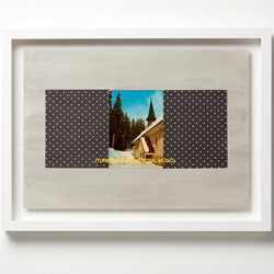 Jurek Wybraniec, Establishing Shot #12, 2017, laser etched, paint filled text on acrylic, postcard, cloth tape, ink on 300gsm water colour paper, 38 x 50cm