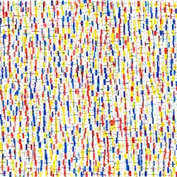 Eveline Kotai, Totem - Red, Blue & Yellow 2016, paint pen, nylon thread on canvas, 137 x 20cm