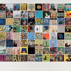 Alex Spremberg, Recover (detail), 2014–2016, enamel on cardboard (repurposed album covers), 232 works. Installation view, Art Gallery of Western Australia