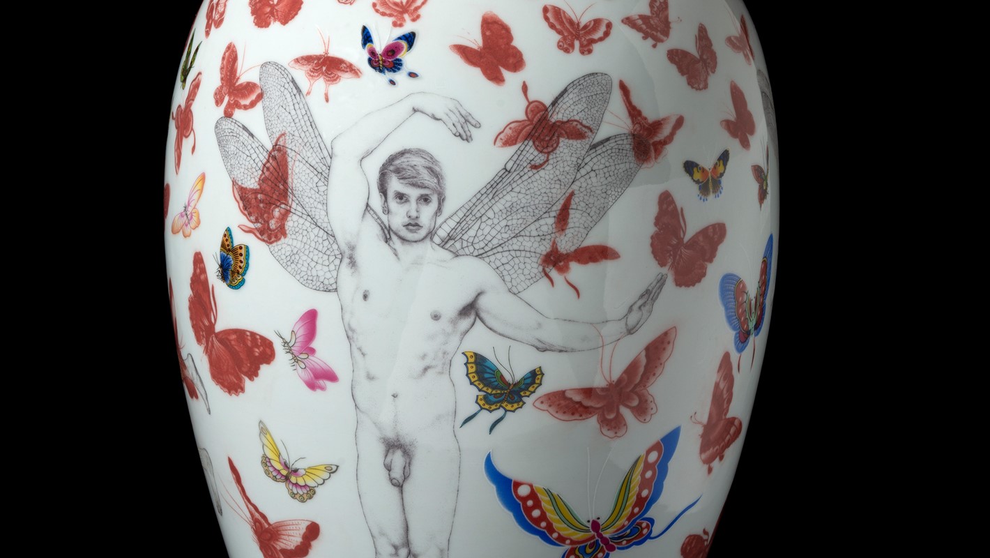 Andrew Nicholls, 2021, Gentry Vase, decal transfer on glazed superwhite porcelain, 38 x 25 x 25cm (front). Private Collection.