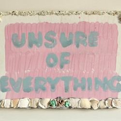Tom Freeman, Unsure of Everything, 2022, acrylic, glue, shells, glass, gems on plywood, 31 x 41cm
