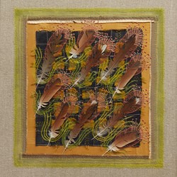 Megan Kirwan-Ward, Drift 2, 2022, silk, feathers and cotton thread on linen, 38 x 38cm