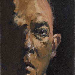 Kevin Robertson, Self Portrait from Black Glass, 2022, oil on canvas, 41 x 16.5cm