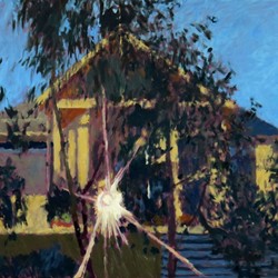 Kevin Robertson, Neighbour's House at Daybreak, 2023, oil on canvas, 75.5 x 102.5cm