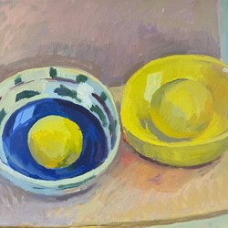 Jane Martin, Yellow Bowl, Blue Bowl, 2017, oil on board, 30 x 36cm