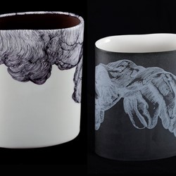 Andrew Nicholls with Sandra Black, Smoke 1 and Grey Wrap 1, 2014, black and white slipcast porcelain, glaze and decal, 13.4 x 11 x 6cm and 13 x 10.8 x 6cm