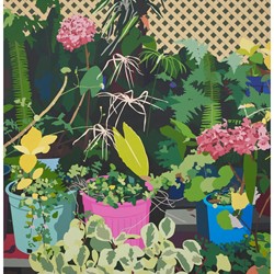 Joanna Lamb, Backyard Garden with Pot Plants, 2023, acrylic on superfine polyester, 180 x 164cm