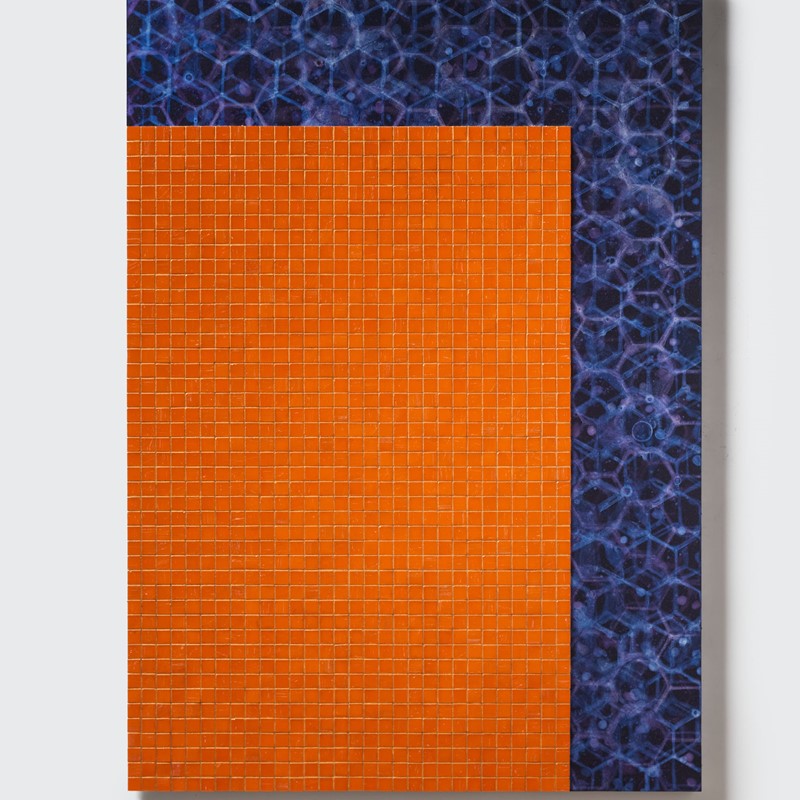 Jurek Wybraniec, Plan (Orange corner), 2024, acrylic paint and mixed media, 119.5 x 83.6 x 3.3cm