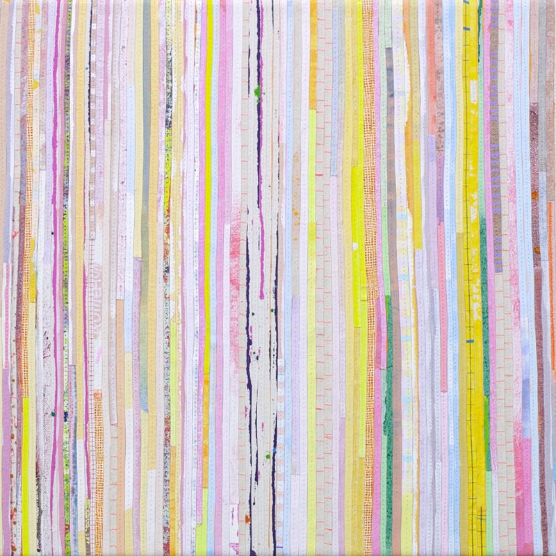 Eveline Kotai, Inside Forest 3 (detail), 2025, paint, linen and thread on canvas, 46 x 153cm