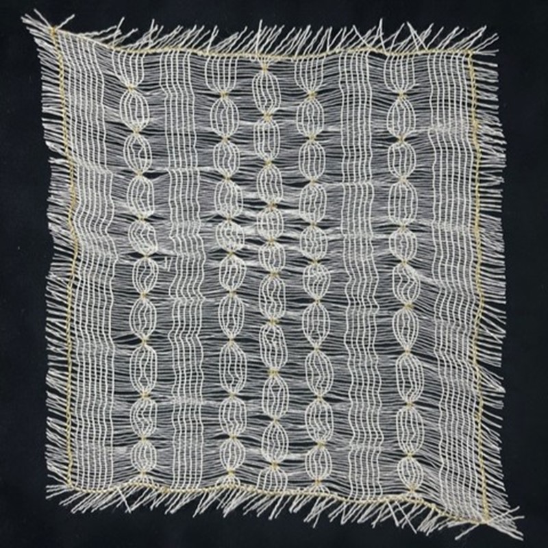 Jacky Cheng, Quiet Lineage, 2025, paper and gold leaf thread and wool, 22 x 20cm